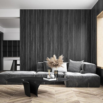 VEELIKE Charcoal Black Wood Slat Peel and Stick Wallpaper 24''x118'' Modern Wood Panel Look Contact Paper Waterproof Self Adhesive Slat Vinyl Wall Covering for Living Room Bedroom Office Accent Walls