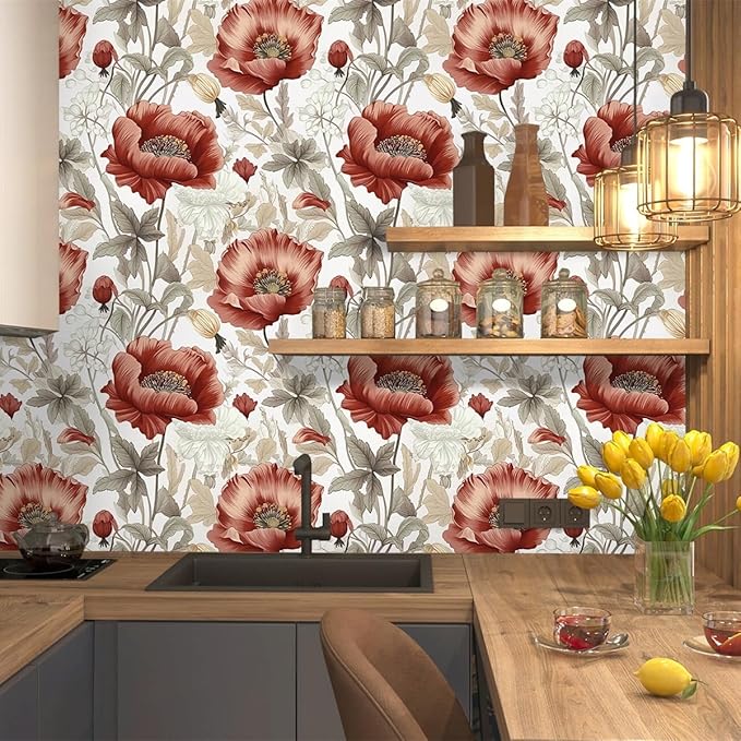 Jeweluck Floral Peel and Stick Wallpaper Boho Floral Contact Paper 16.9inch x 118.1inch Vintage Flowers Wall Paper Botanical Self Adhesive Removable Wallpaper for Bathroom Bedroom Waterproof Vinyl