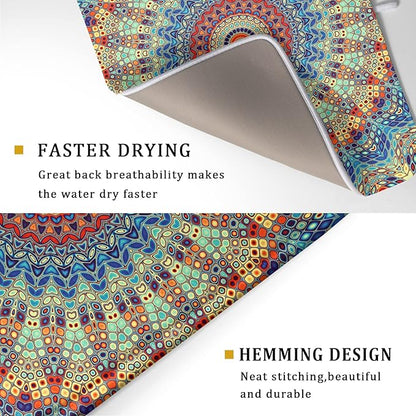 Bohemian Mandala Dish Drying Mat for Kitchen Counter Boho Ethnic Drying Mat 18 x 24 Inch with High Absorbent Reversible Microfiber Dish Drying Pad Dish Rack Pad Drainer Mat for Coffee Bar