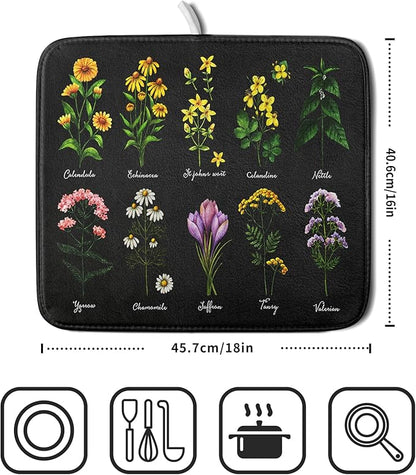 Black Flower Herbs Dish Drying Mat 16x18 Inch Botanical Floral Microfiber Drying Mats with Hanging Loop Foldable Absorbent Dish Drainer Rack Pad