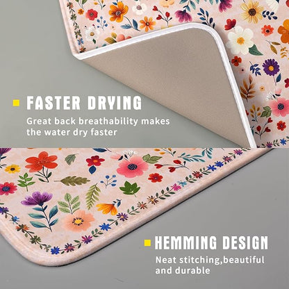 Boho Floral Dish Drying Mat - Pink Wildflower Absorbent Microfiber Kitchen Counter Pad for Home Coffee Bar Decor