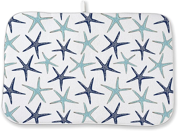 Coastal Dish Drying Mat 18x24 Inch Summer Navy Blue Teal Turquoise Starfish Summer Drying Mat Nautical Beach Ocean Absorbent Dish Drying Pad Dish Rack Drainer Mats for Kitchen Dining Counter