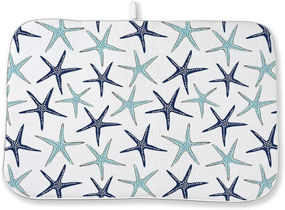 Coastal Dish Drying Mat 18x24 Inch Summer Navy Blue Teal Turquoise Starfish Summer Drying Mat Nautical Beach Ocean Absorbent Dish Drying Pad Dish Rack Drainer Mats for Kitchen Dining Counter