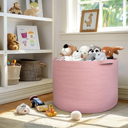 115L Oversized Pink Basket, 23.6"x15.7" Woven Cotton Rope Bin with Handles, XXXL Blanket Storage for Living Room, Kids Toy Storage Bin Box, Baby Laundry Basket for Organizing, Pink Room Decor