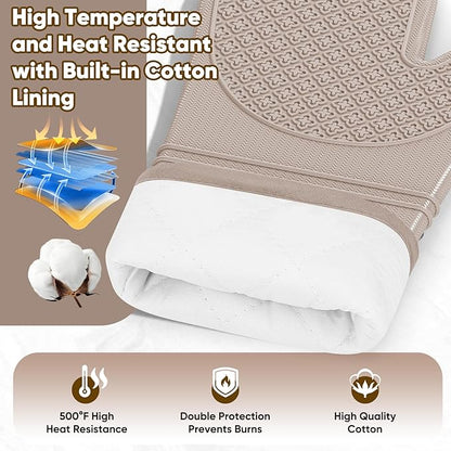 Silicone Oven Mitts, Heat Resistant Oven Gloves with Quilted Liner, Waterproof & Non-Slip Kitchen Mittens for Baking Cooking BBQ, 500°F, 12.5"-Milkshake Beige