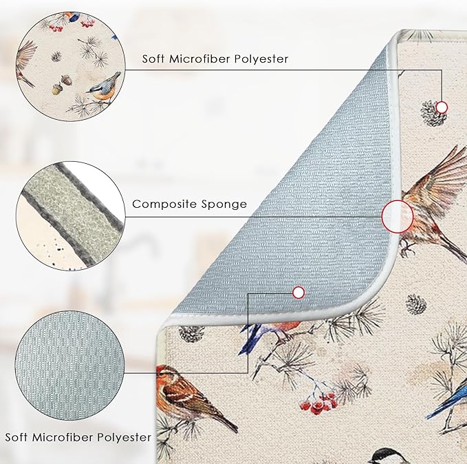 Sanwarm Absorbent Dish Drying Mat, Vintage Birds Watercolor Cute Floral Microfiber Pad for Kitchen Counter, Coffee Bar Decor, Heat Resistant and Reversible, 16" x 18"