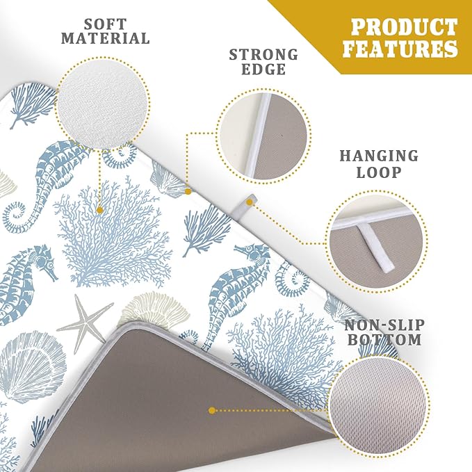 Blue Coral Dish Drying Pad 18 x 24 Inch With Absorbent Reversible Microfiber Coastal Starfish Seashell Summer Drying Mats Dish Drainer Mat Fast Dry For Kitchen Dining Room Decoration