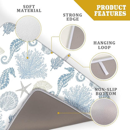 Blue Coral Dish Drying Pad 18 x 24 Inch With Absorbent Reversible Microfiber Coastal Starfish Seashell Summer Drying Mats Dish Drainer Mat Fast Dry For Kitchen Dining Room Decoration