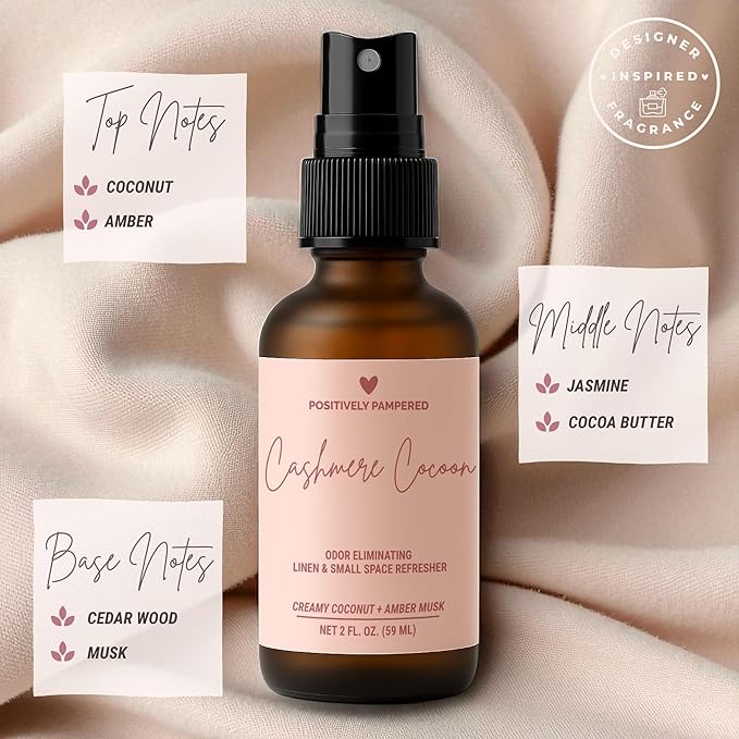 Cashmere Cocoon Luxury Small Space Air & Linen Freshener Spray - Creamy Coconut + Amber Musk - Artisan Blended Home Fragrance - Non Toxic Room Spray + Odor Eliminator - 2 oz Travel Size