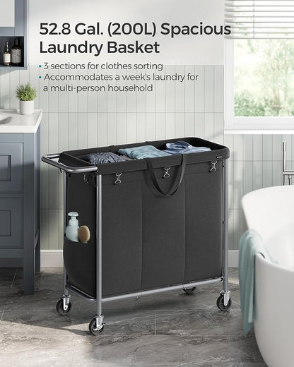 SONGMICS Laundry Basket with Wheels, 3-Section Rolling Laundry Hamper, 52.8 Gallons (200 L), Removable Liner, Steel Frame with Handle, 35.8 x 15.4 x 31.9 Inches, Ink Black URLS005B01