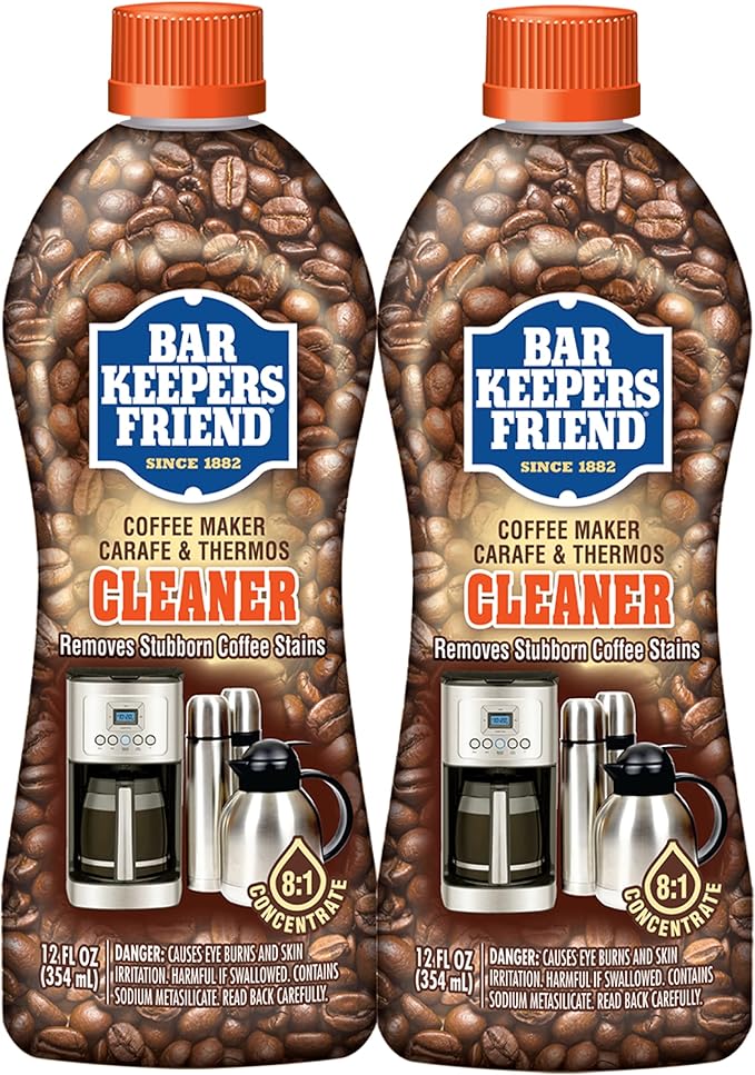 Bar Keepers Friend Coffee Maker Cleaner (2 x 12 oz) Removes Stains & Oily Residue from Espresso Machines, Carafes, Thermos, Drip Coffee Pots, Single-Cup Coffee Makers & More