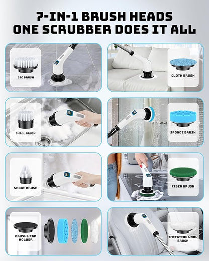 Electric Spin Scrubber, IPX7 Shower Scrubber 7 Replaceable Brush Heads-90Mins Work Time, 2-Speed Adjustable Bathroom Scrubber 3-Height Adjustable Handle Cordless Tub Scrubber for Bathtub Kitchen Glass