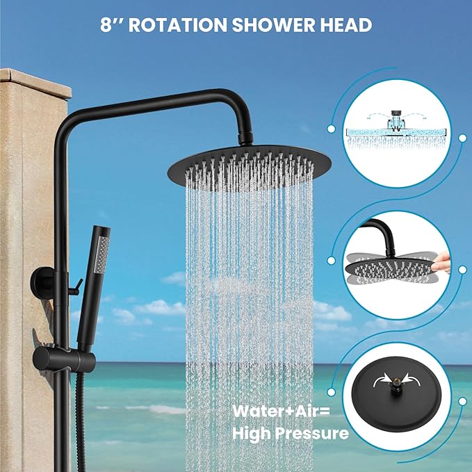 gotonovo Outdoor Shower Fixtures SUS304 Stainless Steel Rain Shower Kit Faucet High Pressure Wall Mount 2 Dual Function 8 Inch Showerhead and Handheld Spray Combo, Double Cross Handle, Matte Black