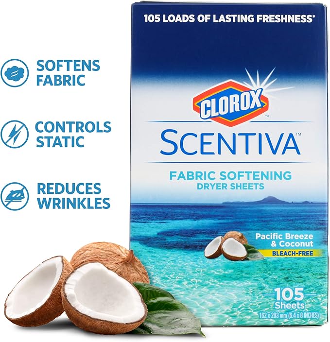 Clorox Scentiva Fabric Softening Dryer Sheets | Fabric Sheets in Pacific Breeze & Coconut Scent | Laundry Dryer Sheets for Fresh & Clean Clothes | 105 Count (Pack of 2)