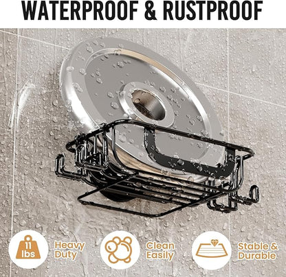 LEVERLOC Soap Dish for Shower with Hooks, Bar Soap Holder with Suction Cup, Soap Tray Rustproof Stainless Steel Holder for Bathroom Soap Saver, Black