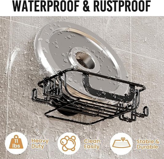 LEVERLOC Soap Holder Dish for Shower Wall, Bar Suction Cup Soap Saver Tray with Hooks, Rust Proof Draining Stainless Steel for Bathroom Bathtub Kitchen Sink & Bath Organizers, Black