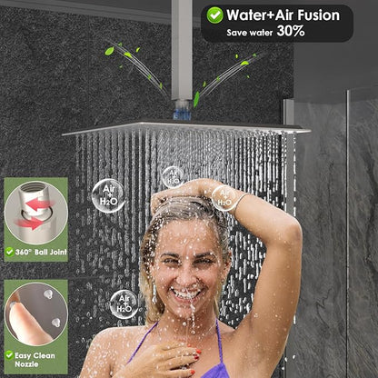 Enga Rain Shower System with Body Jets, 12" Ceiling Rain Shower, All Metal Multiple Shower Head System, Contain Rough-in Shower Valve, Brushed Nickel