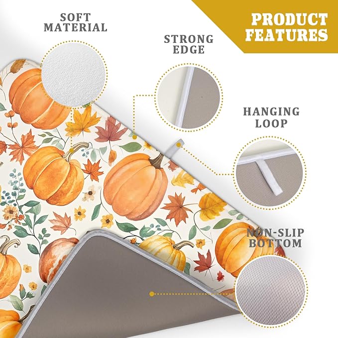 Fall Pumpkin Thanksgiving Dish Drying Mat for Kitchen Counter 18x24 Autumn Leaves Harvest Theme Absorbent Reversible Microfiber Drying Mats Kitchen Countertop Protector Dishes Drainer Pad
