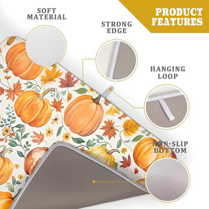 Fall Pumpkin Thanksgiving Dish Drying Mat for Kitchen Counter 18x24 Autumn Leaves Harvest Theme Absorbent Reversible Microfiber Drying Mats Kitchen Countertop Protector Dishes Drainer Pad