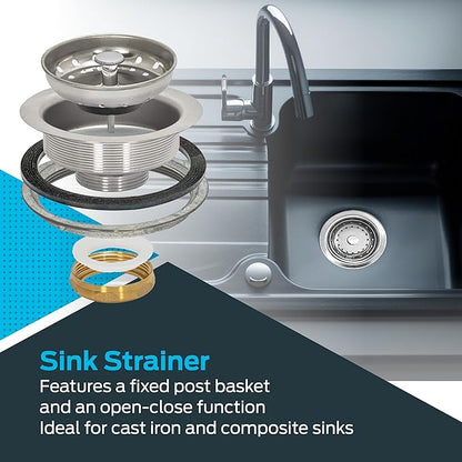 EZ-FLO Kitchen Sink Strainer Fits 3-1/2 Inch Opening, Sink Drain Assembly with Brass Slip-Joint Nut and Fixed-Post Basket, Stainless Steel, 30003