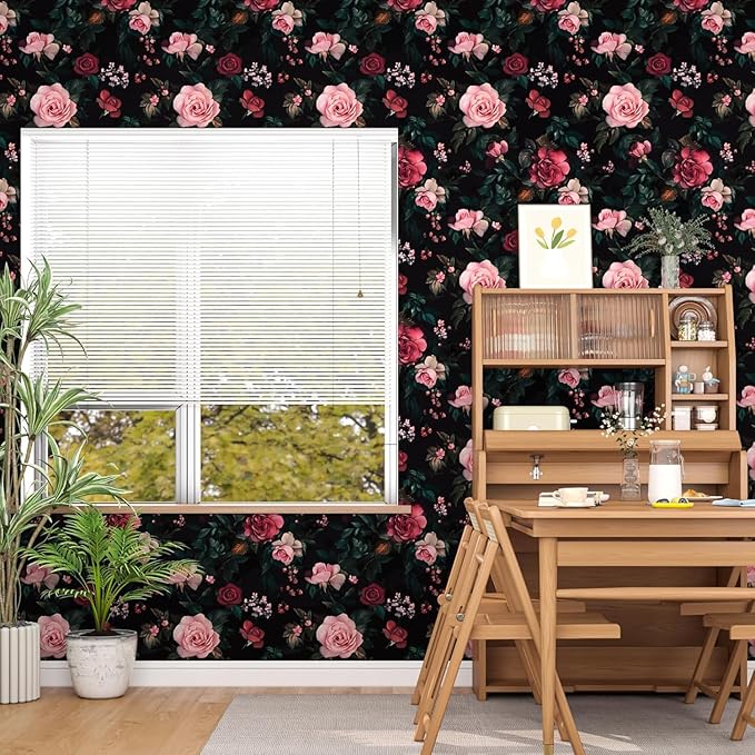 Fvlow Vintage Wallpaper Dark Floral Peel and Stick 17.4" x 394" Boho Contact Paper Waterproof Removable Wall Covering for Bedroom Kitchen Countertop Desk Home Decor