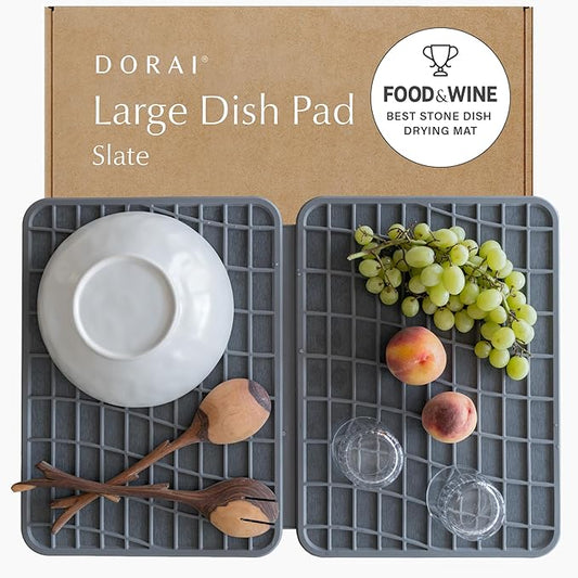 Dorai Home Dish Pad - Collapsable Stone Dish Drying Mat with Diatomaceous Earth for Quick Drying - Ultra Absorbent - Encased in Woven Silicone - Eco-Friendly, Foldable - Large 24.6" x 16.5", Slate