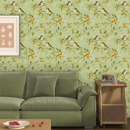 Green Bird Wallpaper Peel and Stick, Vintage Botanical Fruits Contact Paper, Retro Floral Boho Wall Paper Self Adhesive Removable Waterproof for Bedroom Walls Shelf Cabinet Drawer Table 17.5" x 118"