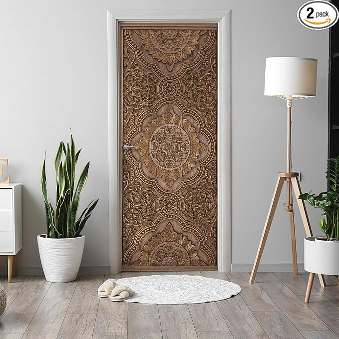 Alwayspon 30x78.7inch Wood Carving Self-Adhesive Door Stickers Murals Decals, Art Vinyl Peel and Stick Removable Door Poster Wallpaper for Bedroom Home Decor