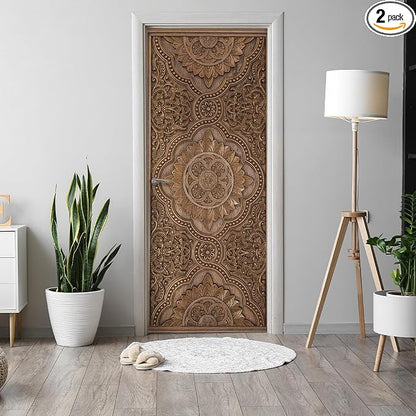 Alwayspon 30x78.7inch Wood Carving Self-Adhesive Door Stickers Murals Decals, Art Vinyl Peel and Stick Removable Door Poster Wallpaper for Bedroom Home Decor