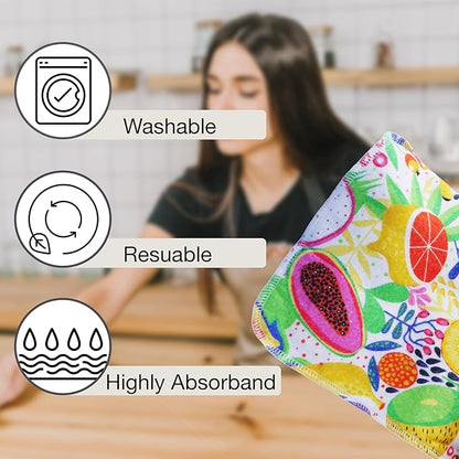 Pack of 10 Reusable Paper Towels | 10x10 Inch Cotton Towels | Kitchen Utensils Print | Eco Friendly, Washable, Quick Drying | Sustainable Cleaning Cloths | Fruits