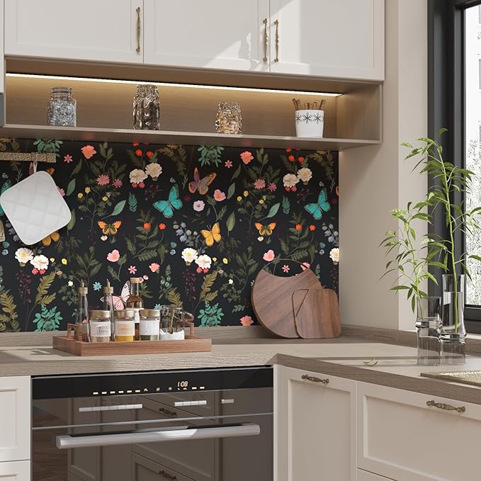 Boho Butterfly Adhesive Shelf Liner Contact Paper, 17.5" x 78" Vintage Black Floral Wallpaper for DIY Craft, Vinyl Removable Wallpaper for Dresser Dollhouse Cabinet Drawer in Dark Colorful