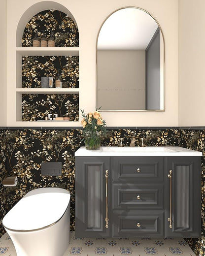 Fvlow Vintage Black Floral Wallpaper Peelable 17.4" x 78", Small Roll Classic Gold Leaves Theme Contact Paper Waterproof PVC Vinyl Covering for DIY Craft Desk Cabinet, Dark Moody Wall Art Decor