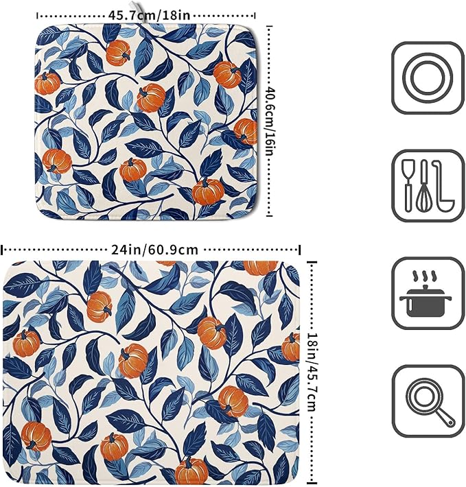 Autumn Pumpkin Dish Drying Mat for Kitchen Counter 18x24 Inch Blue and Orange Fall Thanksgiving Leaf Absorbent Reversible Microfiber Dish Drainer Rack Mats Countertops Protector Mat