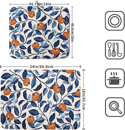 Autumn Pumpkin Dish Drying Mat for Kitchen Counter 18x24 Inch Blue and Orange Fall Thanksgiving Leaf Absorbent Reversible Microfiber Dish Drainer Rack Mats Countertops Protector Mat