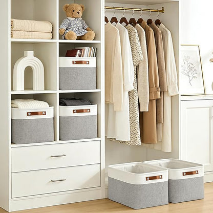 Storage Bins Large Fabric Storage Baskets for Shelves 3 Pack, Decorative Linen Closet Baskets with Handles for Organizing, Shelf, Clothes, Home, Office, 15x11x9.5Inches (Grey&White)