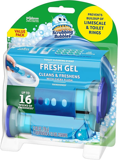 Scrubbing Bubbles Fresh Gel Toilet Cleaning Stamp, Rainshower, Dispenser with 12 Gel Stamps, 2.68 oz