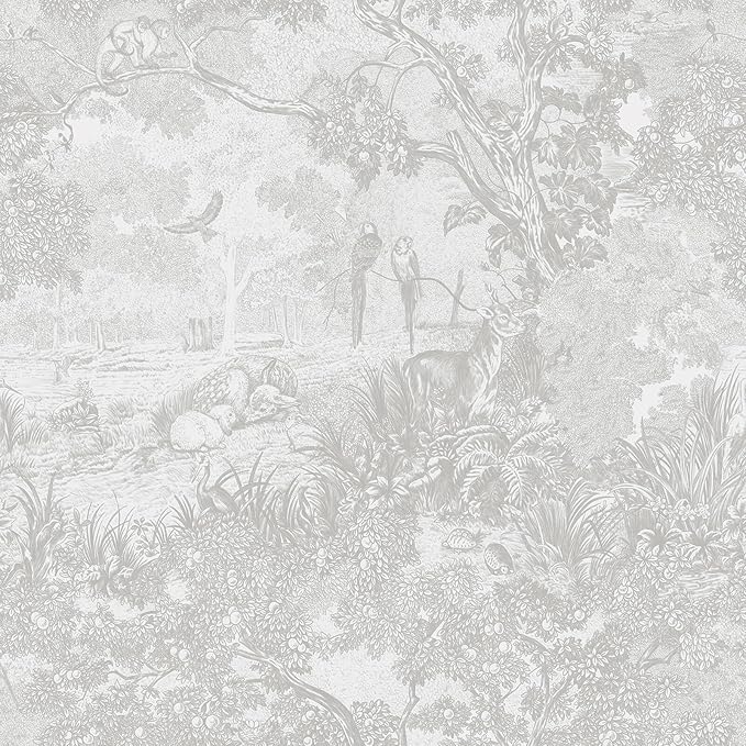 Heroad Peel and Stick Wallpaper Grey and White Vintage Forest Animals Floral Wallpaper Removable Self-Adhesive Contact Paper for Bedroom Living Room Cabinets Decoration Thicken Vinyl 17.3" x 197"