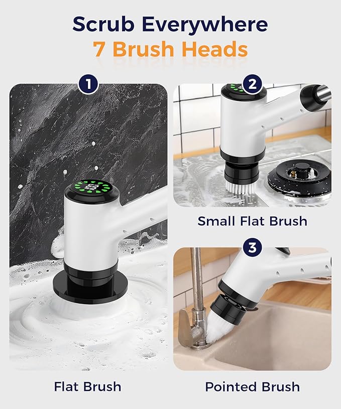 Electric Spin Scrubber, Cordless Cleaning Brush with 7 Replaceable Brush Heads, 2-Speed Adjustable Handle Shower Scrubber, IPX7 Waterproof for Bathroom, Tub, Tile & Floor, Teens, White-qb1