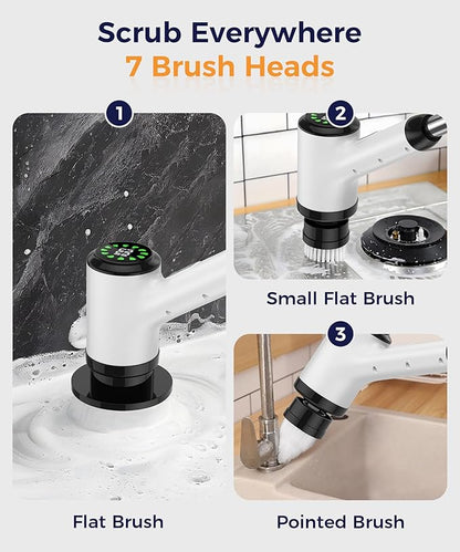 Electric Spin Scrubber, Cordless Cleaning Brush with 7 Replaceable Brush Heads, 2-Speed Adjustable Handle Shower Scrubber, IPX7 Waterproof for Bathroom, Tub, Tile & Floor, Teens, White-qb1