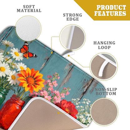 Floral Dish Drying Mat for Kitchen Counter 16x18 Spring Summer Daisy Flower Vases Farmhouse Decorative Small Drying Mats Rustic Vintage Absorbent Reversible Microfiber Dishes Drainer Pad