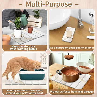 Small Stone Dish Drying Mat for Kitchen Counter, 15.7"×12" & 8"x4" Quick Dry Stone Mats, Foldable Water Absorbing Diatomaceous Earth Drying Dish Pad for Countertop Bottles Utensils Cup(Gold White)