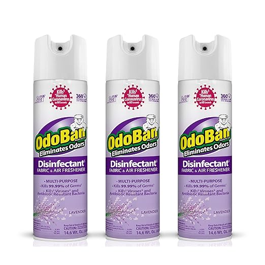 OdoBan Ready-to-Use 360-Degree Continuous Spray Disinfectant and Harsh Aroma Eliminator, Fabric and Air Freshener, 3 Pack, 14.6 Ounces Each, Lavender Scent