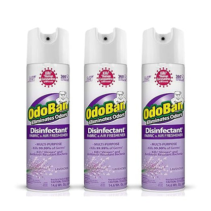 OdoBan Ready-to-Use 360-Degree Continuous Spray Disinfectant and Harsh Aroma Eliminator, Fabric and Air Freshener, 3 Pack, 14.6 Ounces Each, Lavender Scent