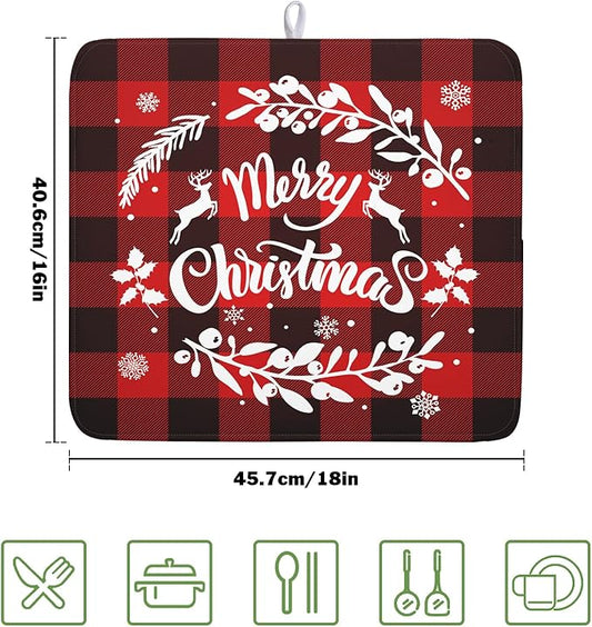 Merry Christmas Dish Drying Mat for Kitchen Counter, Red Buffalo Plaid Kitchen Drying Mat Microfiber Absorbent Dishes Pad Winter Xmas Dish Drainer Rack Mats Fast Dry Kitchen Accessories 16”x18”