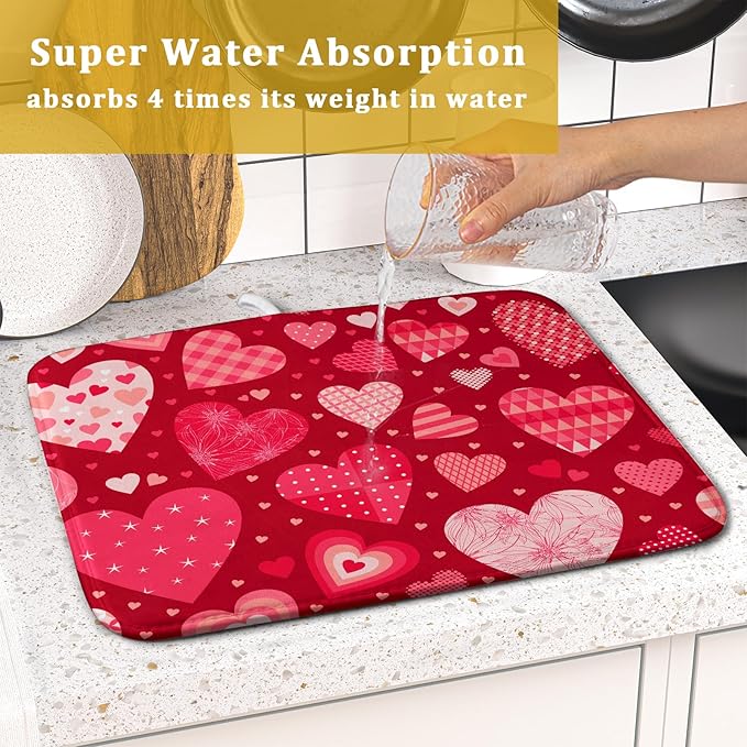 Valentine Day Love Heart Dish Drying Pad 16 x 18 Inch with Absorbent Reversible Microfiber Happy Valentines Pink Red Hearts Drying Mats For Kitchen Counter Dining Room Decoration