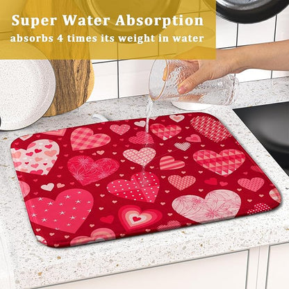 Valentine Day Love Heart Dish Drying Pad 16 x 18 Inch with Absorbent Reversible Microfiber Happy Valentines Pink Red Hearts Drying Mats For Kitchen Counter Dining Room Decoration