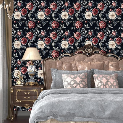 Fvlow Black Floral Wallpaper Peel and Stick 17.4" x 118" Dark Floral Contact Paper Red and White Flowers Vintage Waterproof Self Adhesive Covering for Bedroom Cabinet Bathroom Home Decor