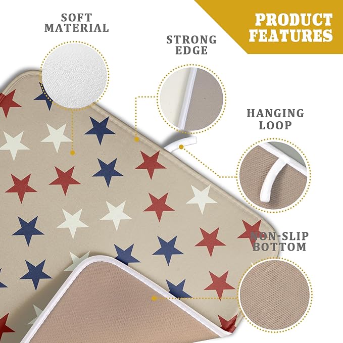 Patriotic July of 4th Blue Red White Star Dish Drying Mat for Kitchen Counter 16x18 Independence Day Absorbent Reversible Microfiber Drying Mats Kitchen Countertop Protector Dishes Drainer Rack Pad