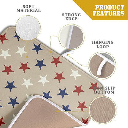 Patriotic July of 4th Blue Red White Star Dish Drying Mat for Kitchen Counter 16x18 Independence Day Absorbent Reversible Microfiber Drying Mats Kitchen Countertop Protector Dishes Drainer Rack Pad