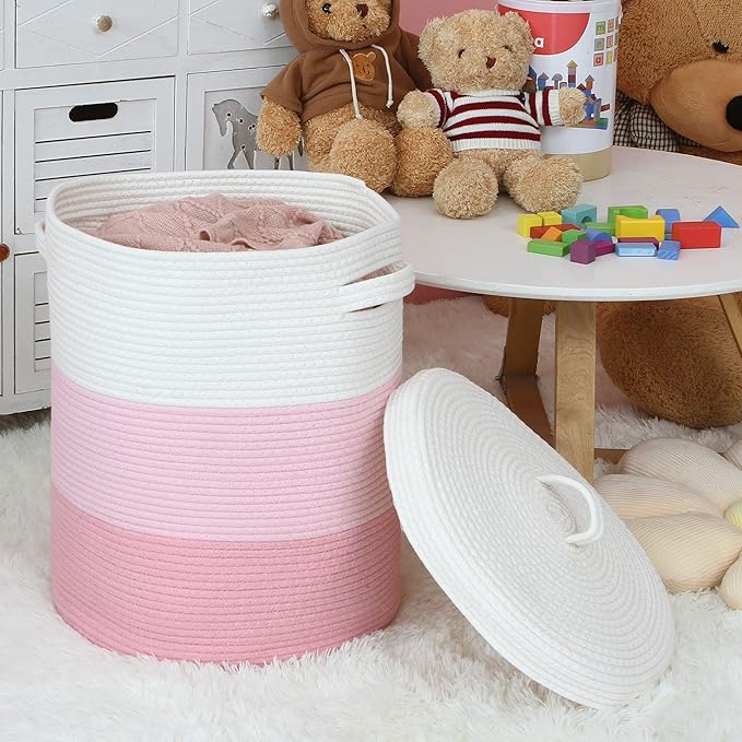 Sea Team Large Size Cotton Rope Woven Storage Basket with Lid, Lidded Laundry Hamper with Handles, Fabric Bucket with Cover, Clothes Toys Organizer for Kid's Room, 16 x 20 inches, White & Pink